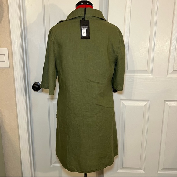 Francesca Bettini Olive Green Short Sleeve Button Up Linen Blend Shirt Dress M - Picture 3 of 11